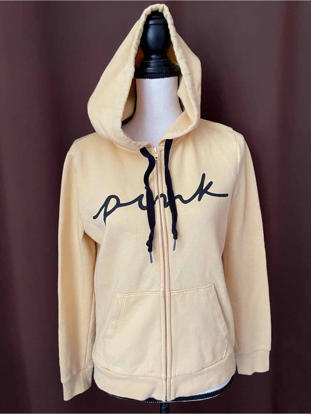 PINK Script Zip-Up fleece lined sweatshirt Hoodie butter Yellow S